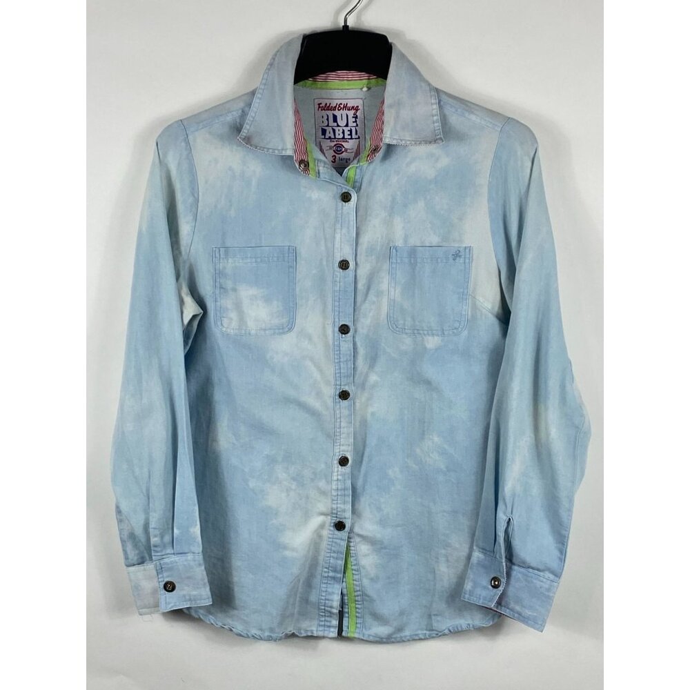 VTG Folded & Hung Blue Label Acid Wash Button-Up Long Sleeve Shirt Blue 3 L F101